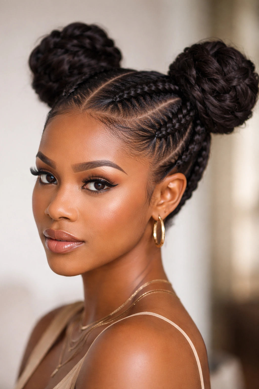 Two diagonal braids ending in high buns on opposite sides of the head.