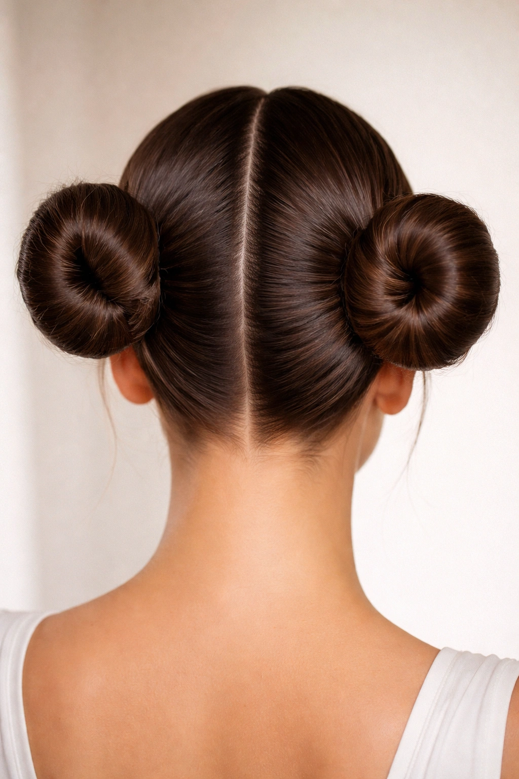 Two symmetrical buns on either side of the head with a centered part