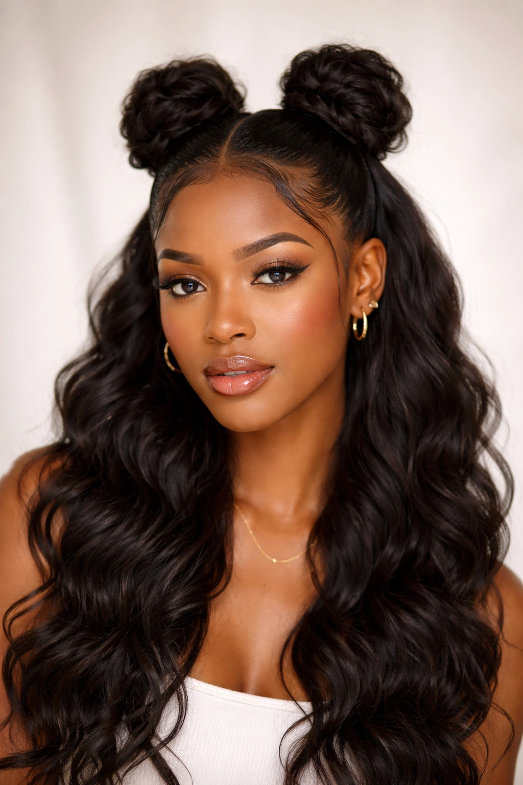 Double buns half up hairstyle with bottom waves