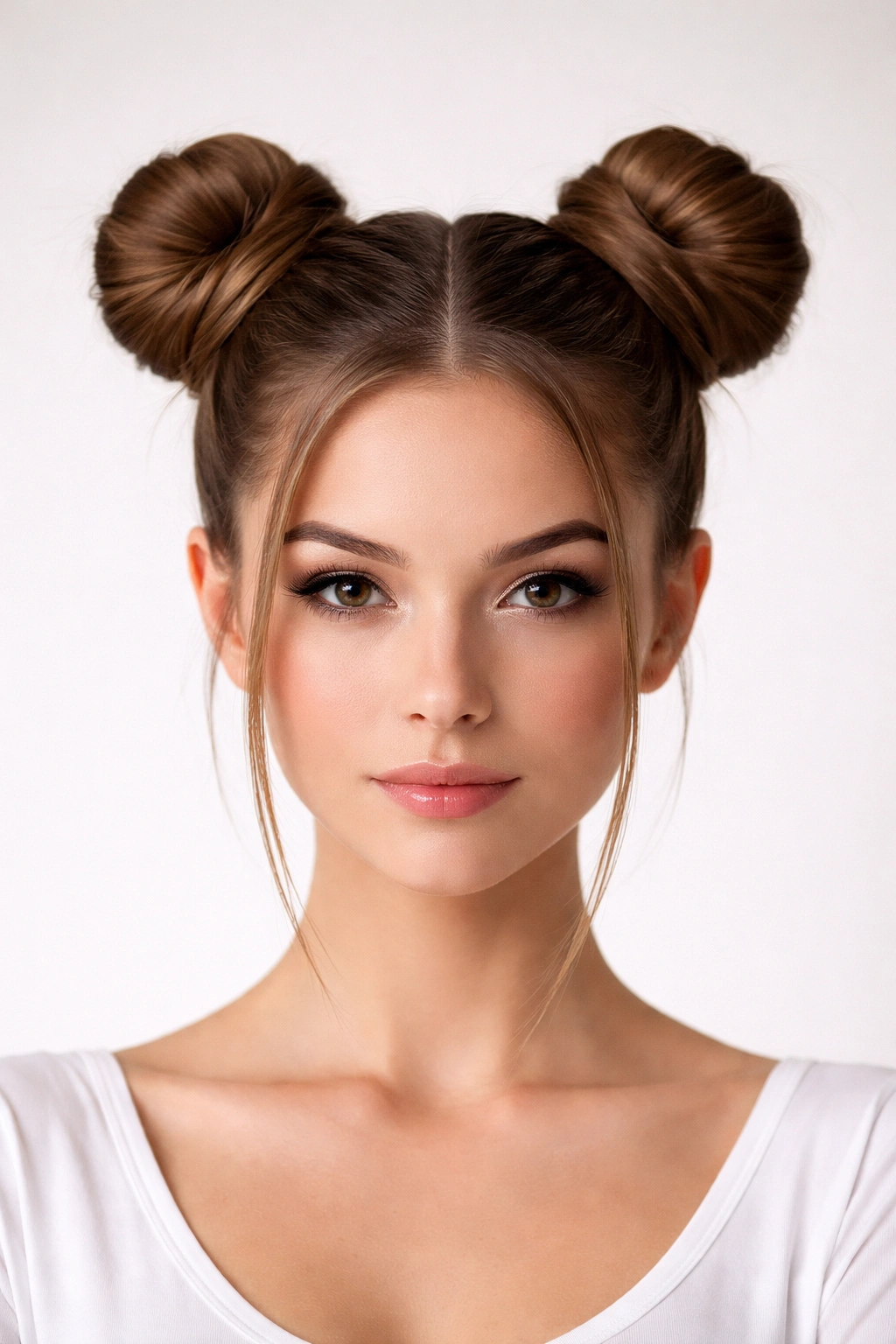 Two symmetrical buns on straight hair, clean and defined