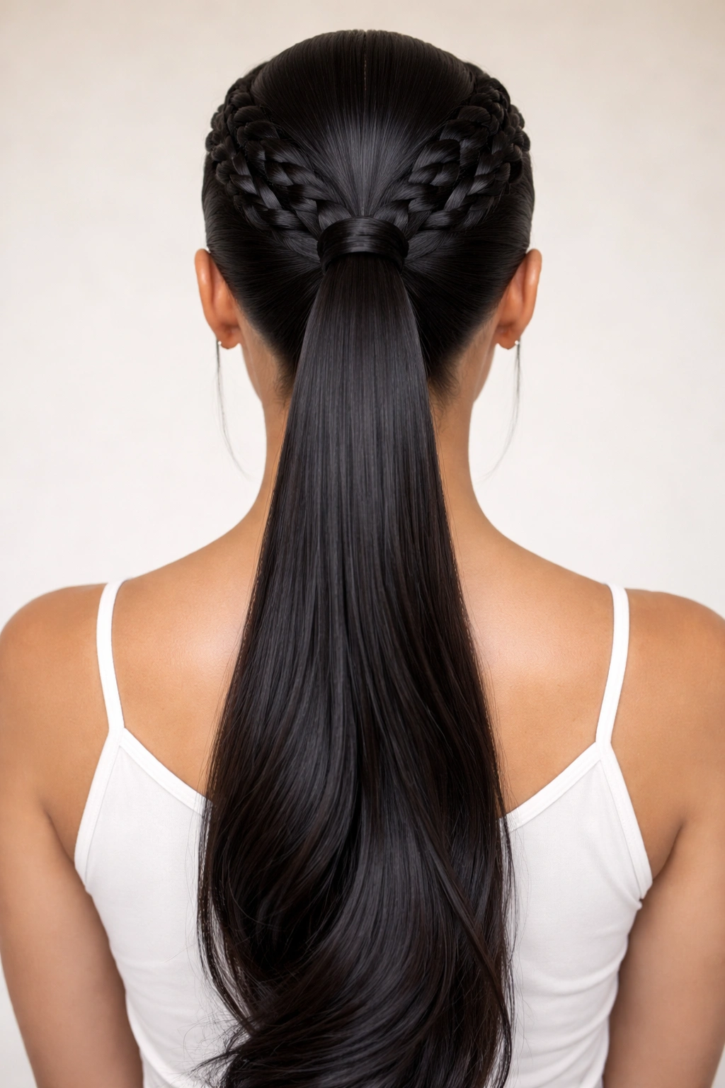 Front/three-quarter view of two butterfly braids converging into a single ponytail