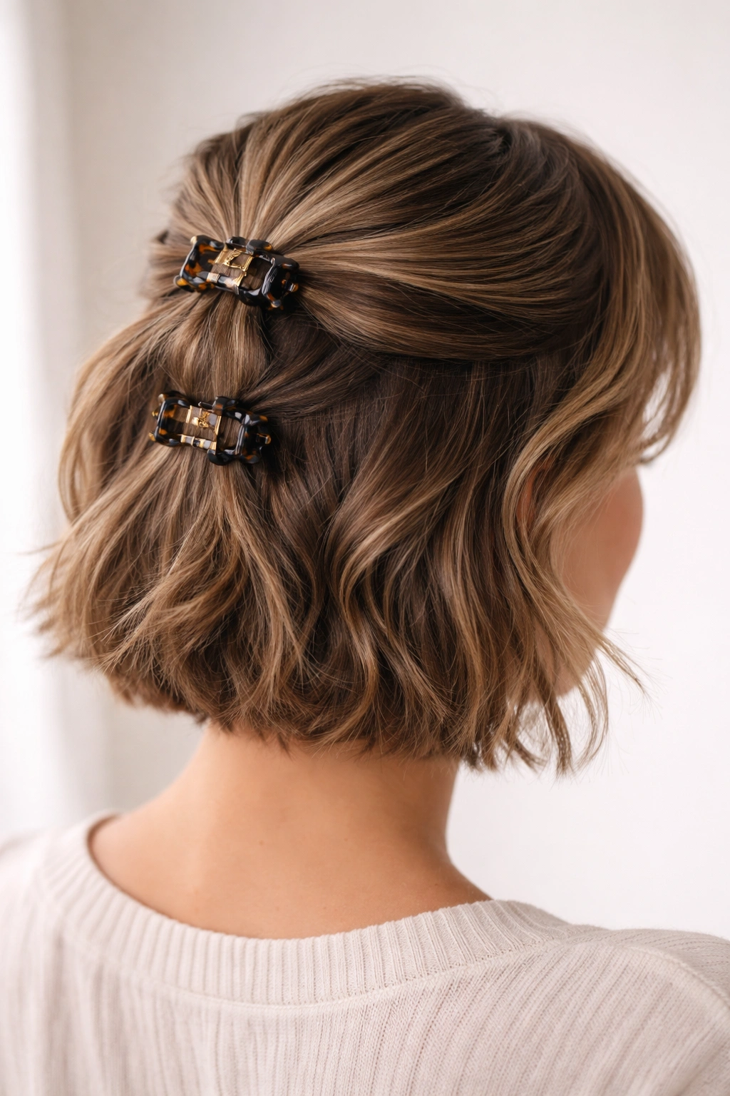 Close-up of a Double Claw Clip Half-Up hairstyle with two small clips in the crown area.