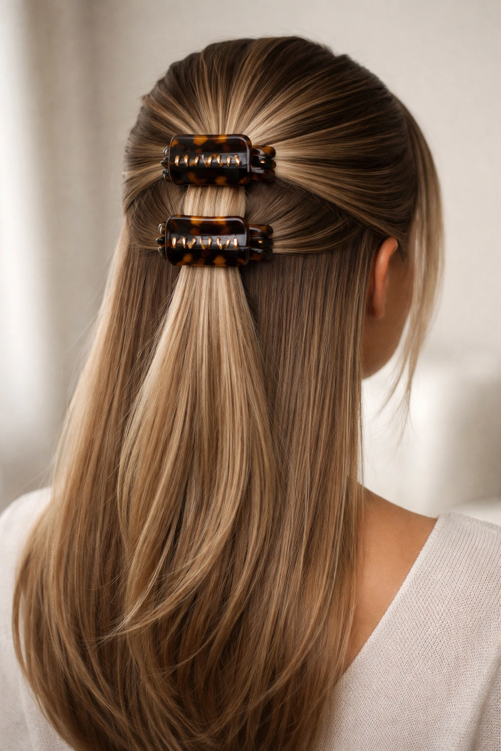Half up gathered with two parallel claw clips stacked vertically.