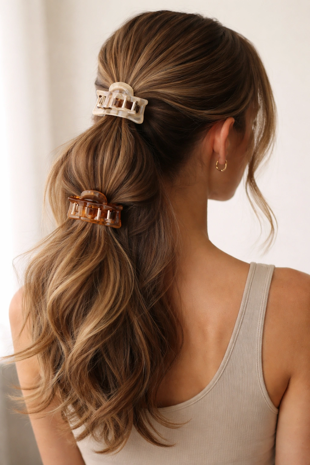 Ponytail secured with two offset claw clips