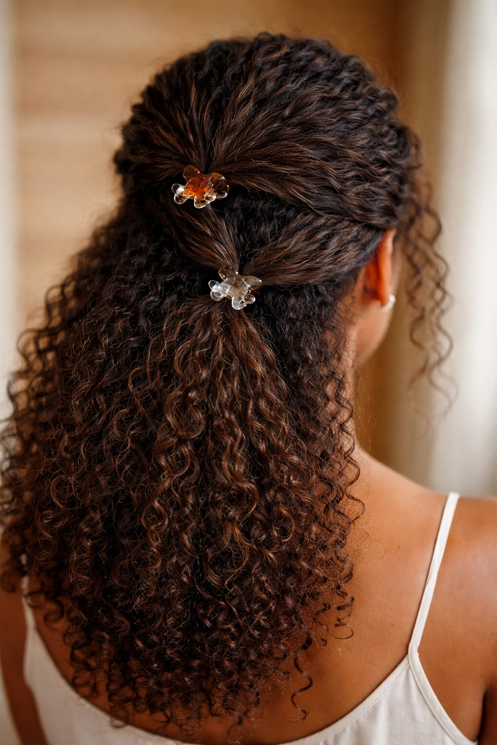 Hair twisted into two sections secured by two clips at different heights.