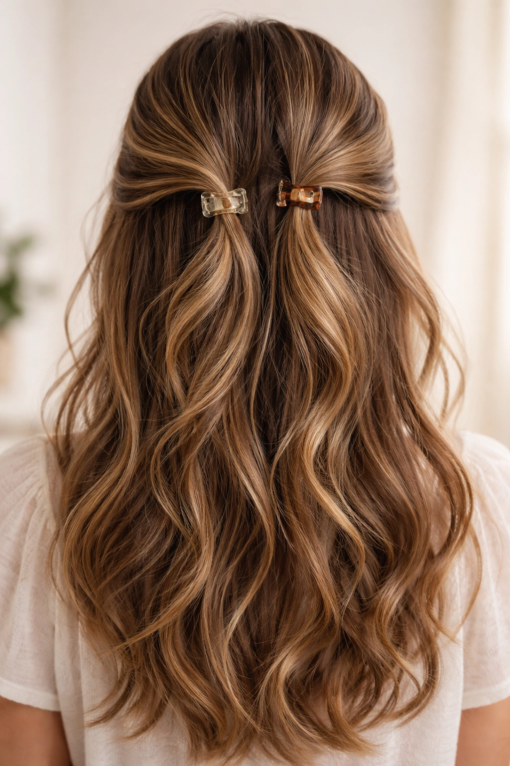 Double-clip floating section with two clips and loose flowing hair