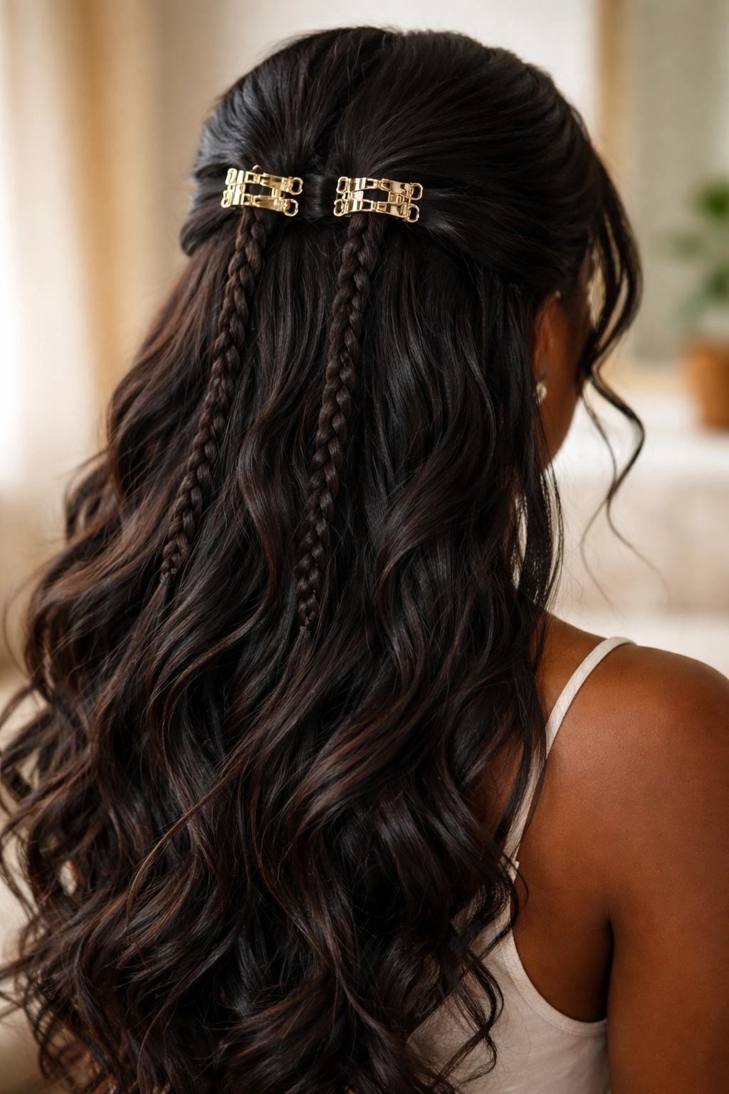 Two clips at crown holding cascading thin braids