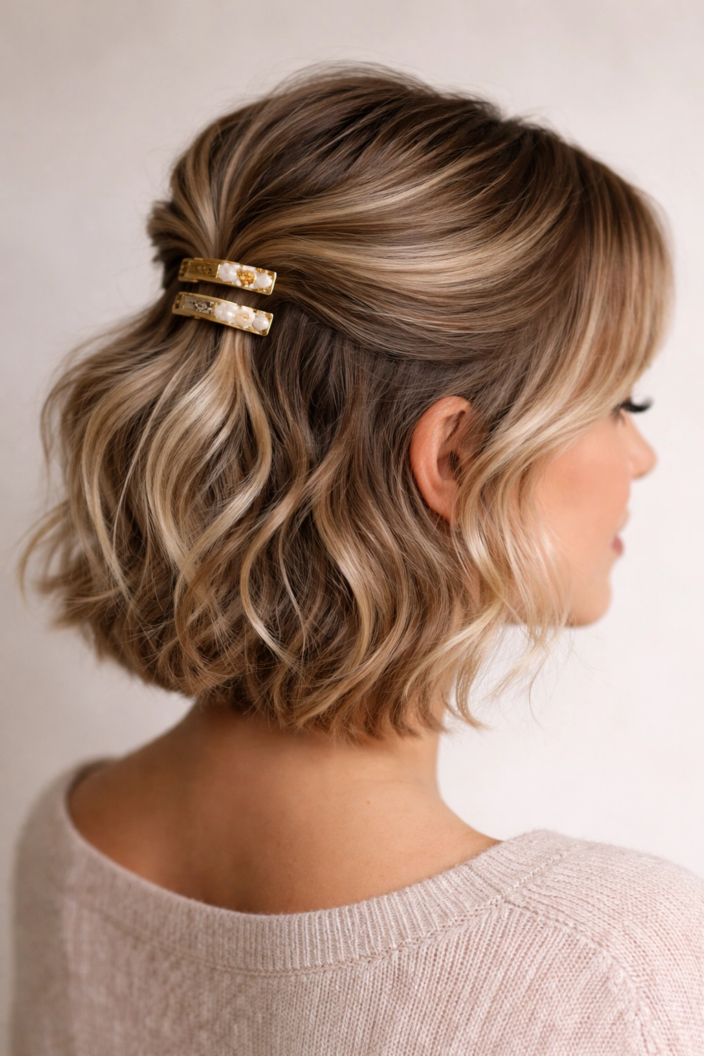 Close-up of short wavy hair with two offset clips securing a half-up style