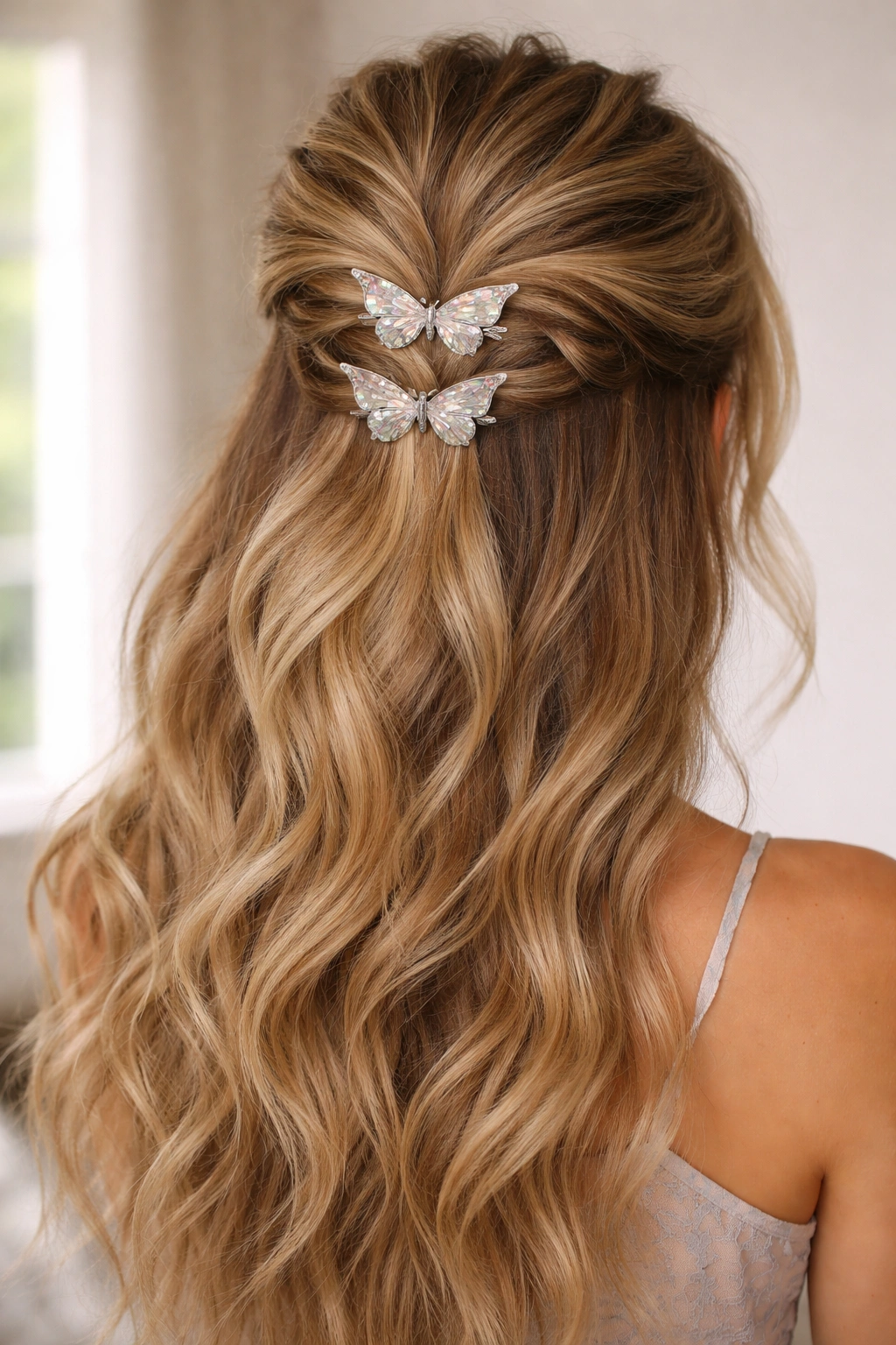 Teased volume crown created with two butterfly clips across the back of the head