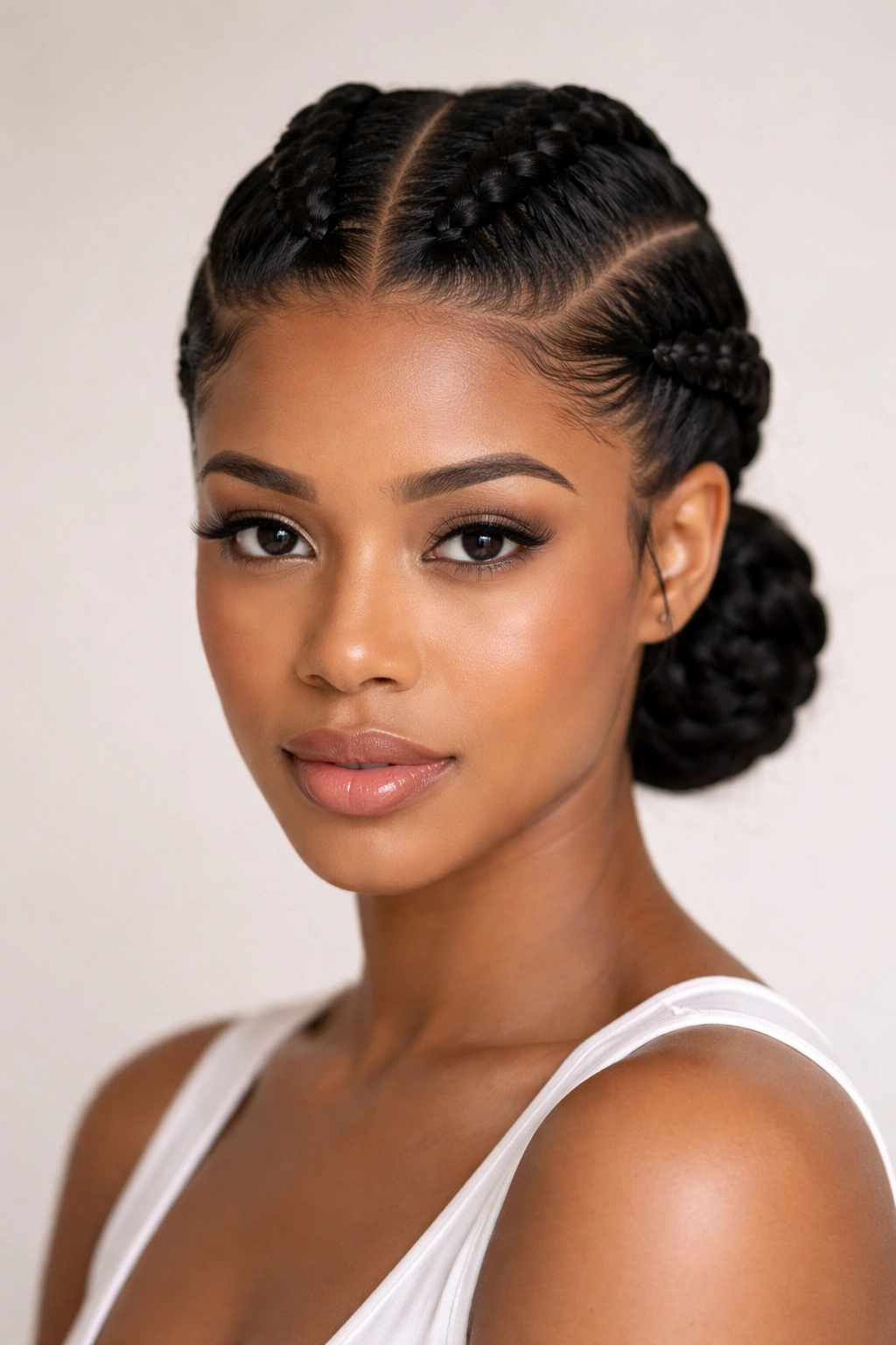Two thick cornrows along the center part ending in a low bun