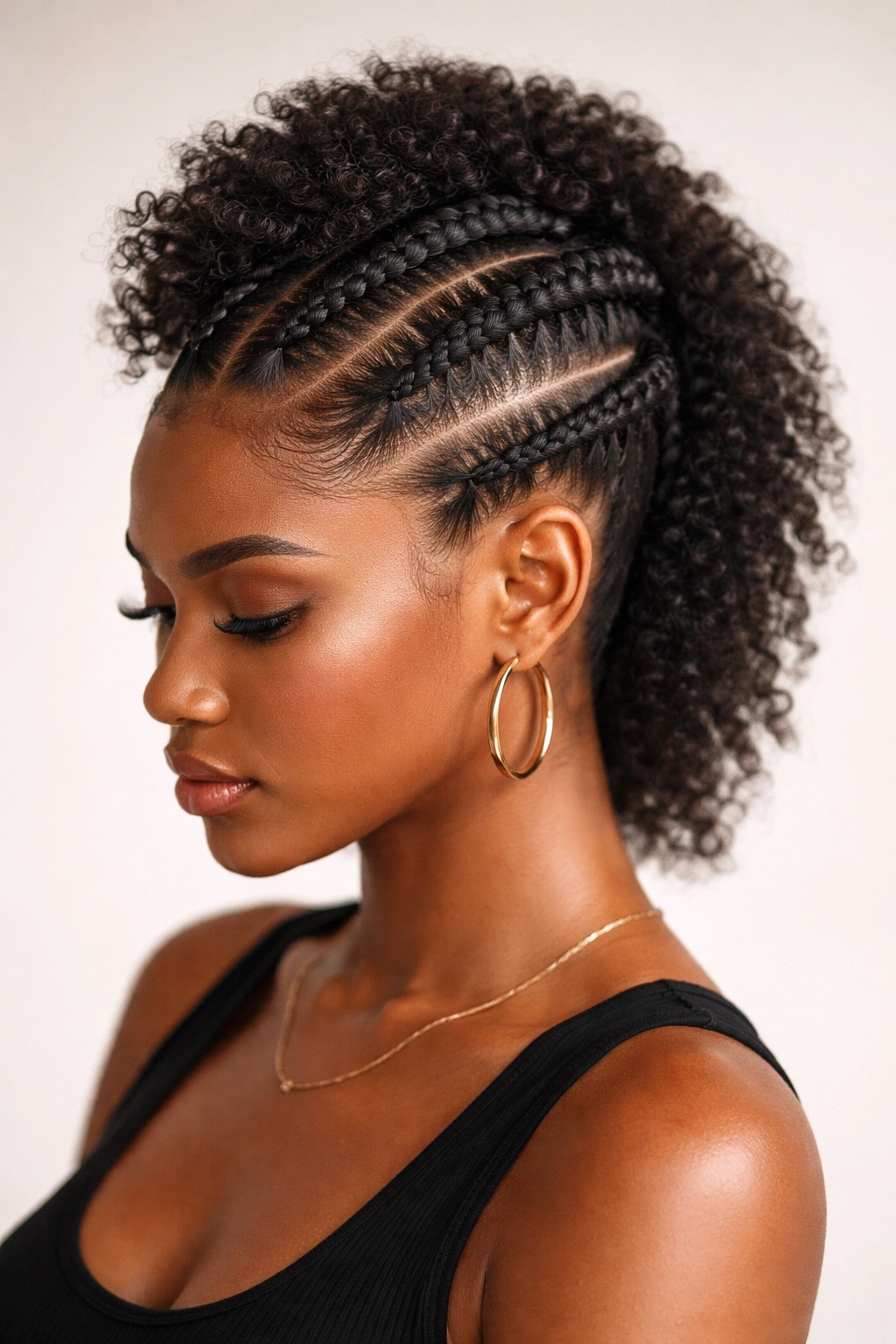 Two parallel cornrows running down the center of the head on natural hair