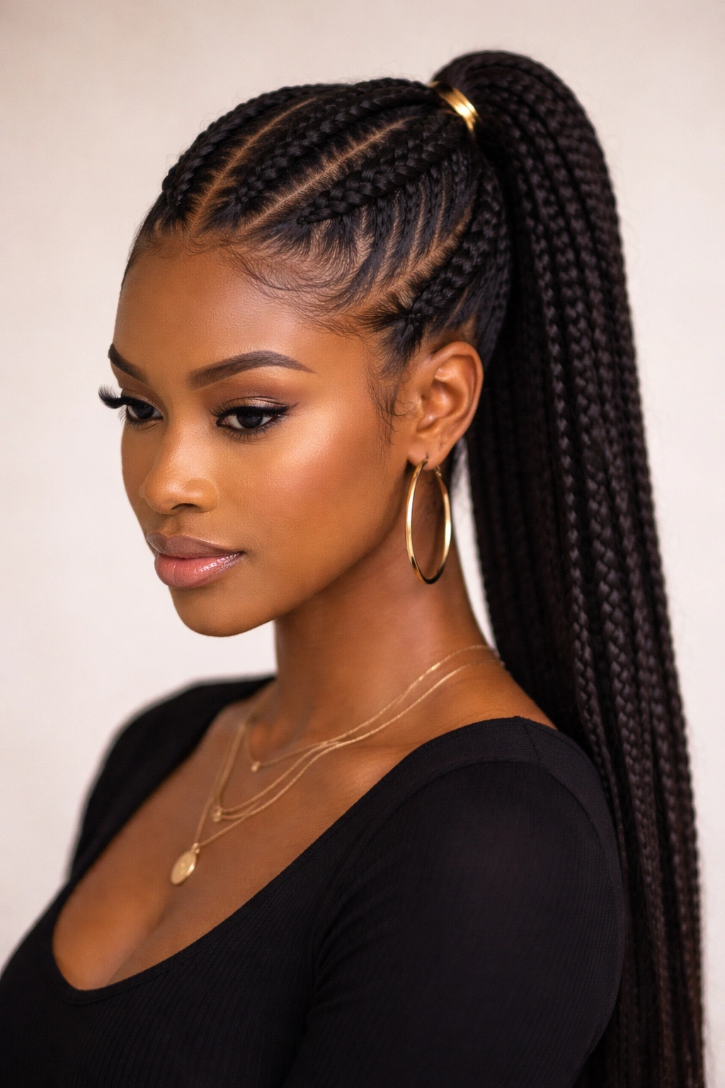Double cornrow ponytail showing two braids and a ponytail