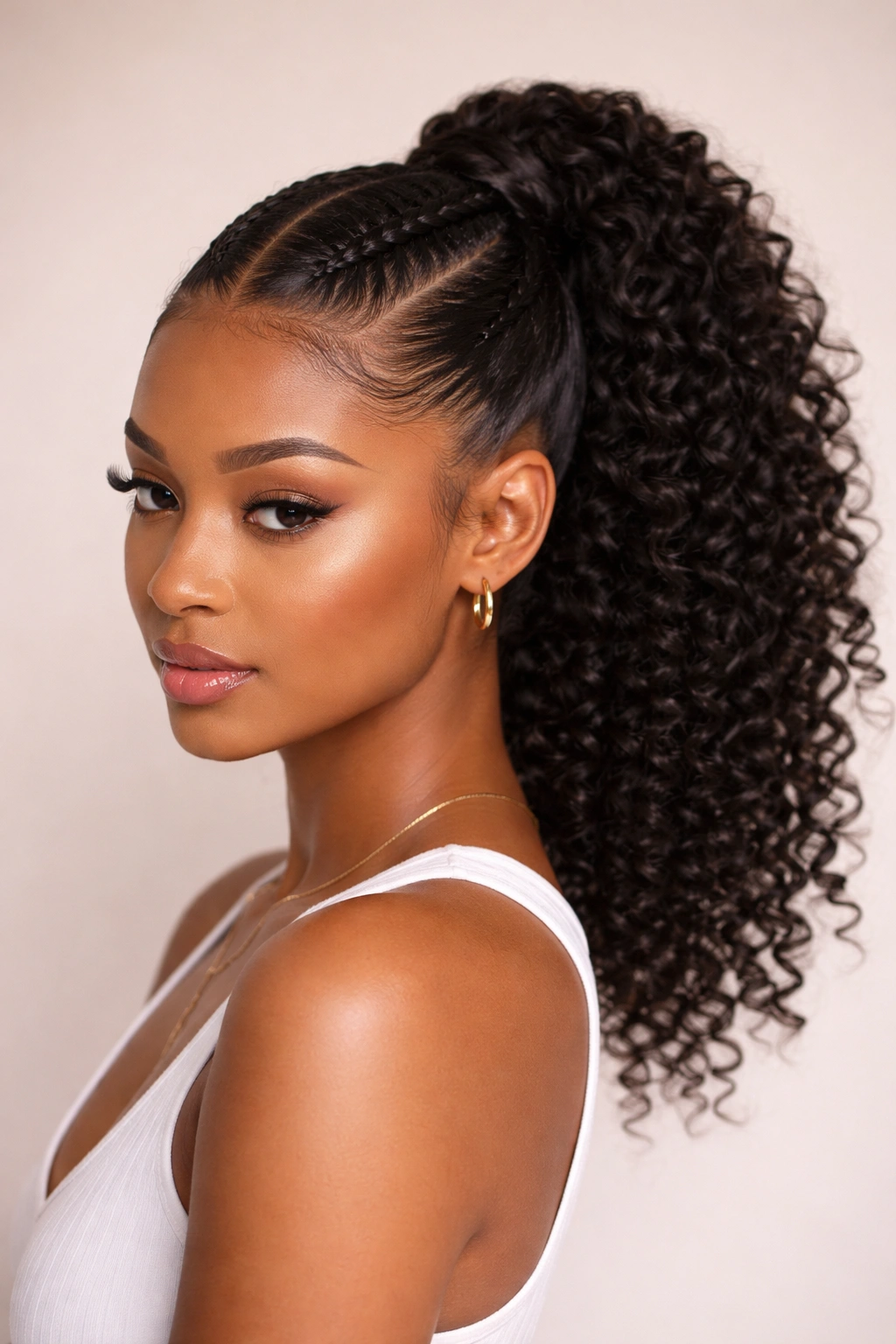 Two symmetrical cornrows converging into a single high ponytail