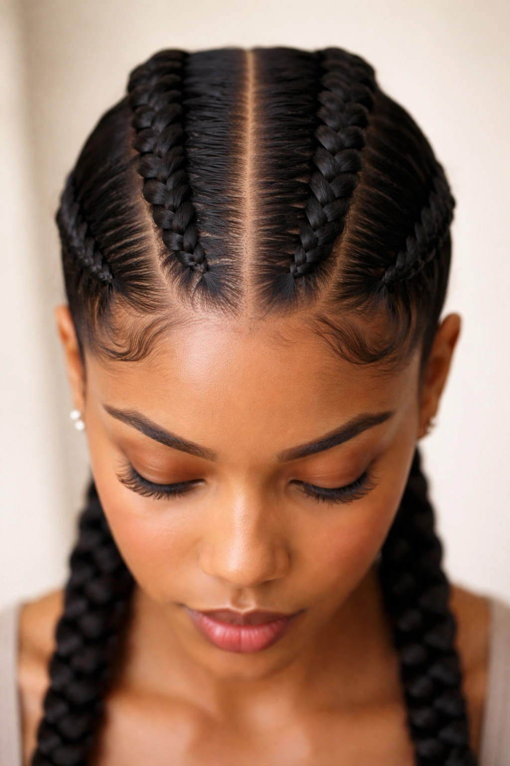 Two parallel straight-back cornrows with a center part on natural hair