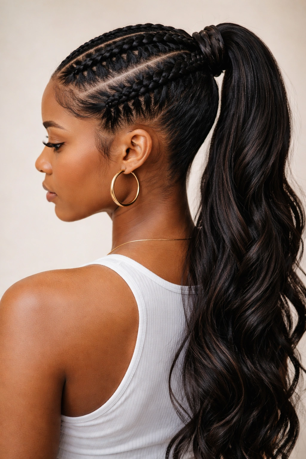 Two parallel cornrows converging into a single ponytail