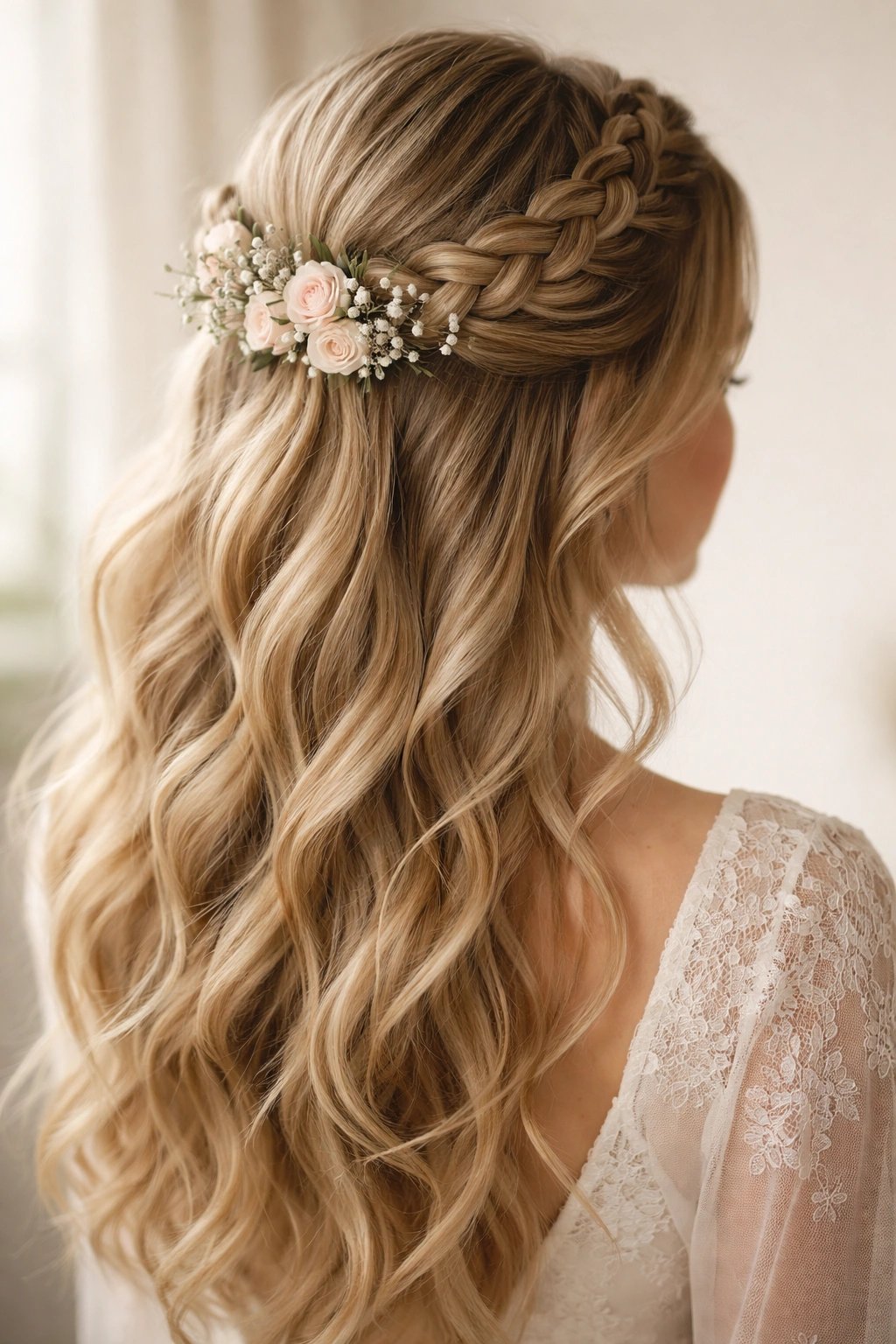 Two braids forming a crown with a floral accent in a half-up hairstyle