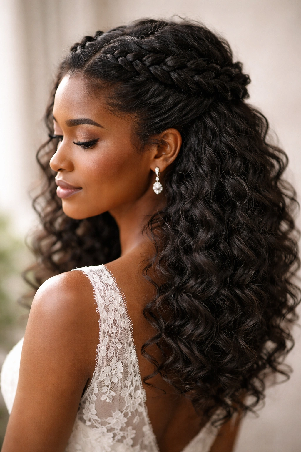 Close-up of double crown braid half-up with loose curls