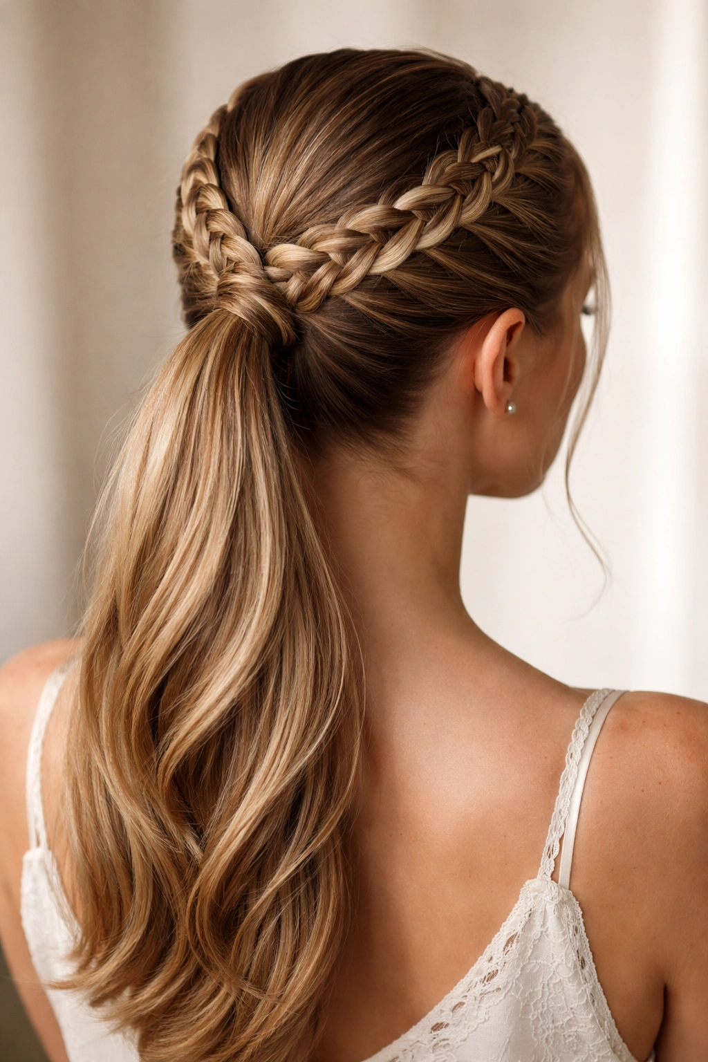 Crown braids wrapping around head and joining into a ponytail at the back