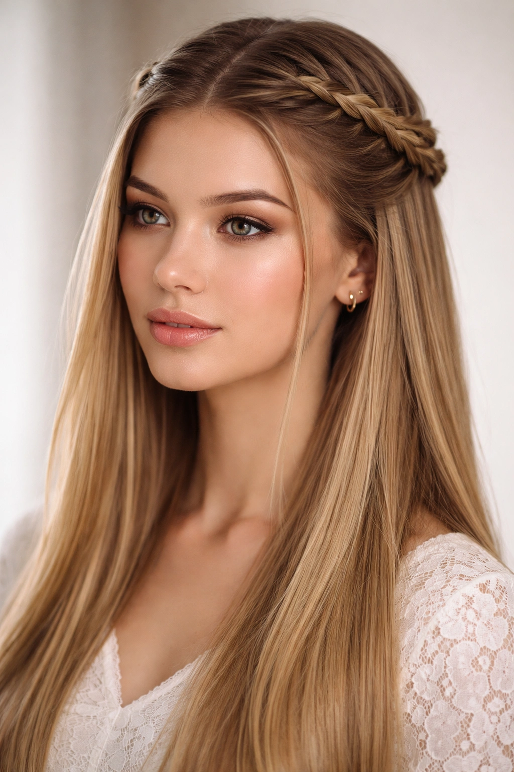 Front view of two symmetrical crown braids framing the face on straight hair