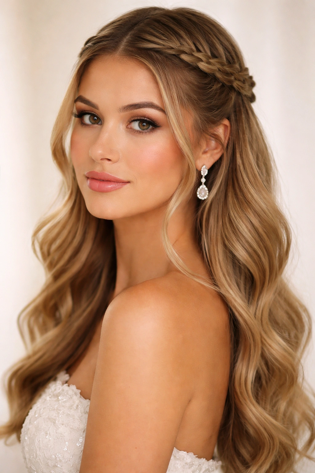 Profile view of The Double Crown Braids Half-Up hairstyle with dual braids framing the face