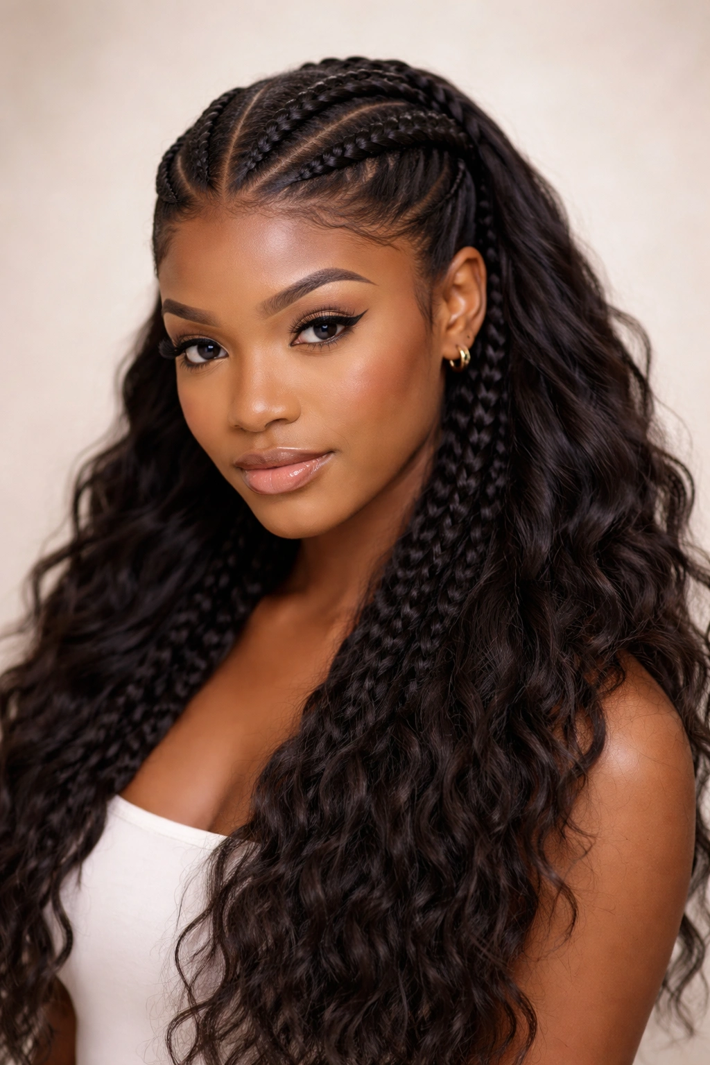 Close-up of double crown cornrows with textured down hair showing two parallel cornrows at the crown.