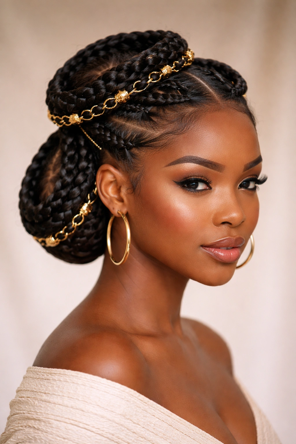 Two crown braids linked together on the head