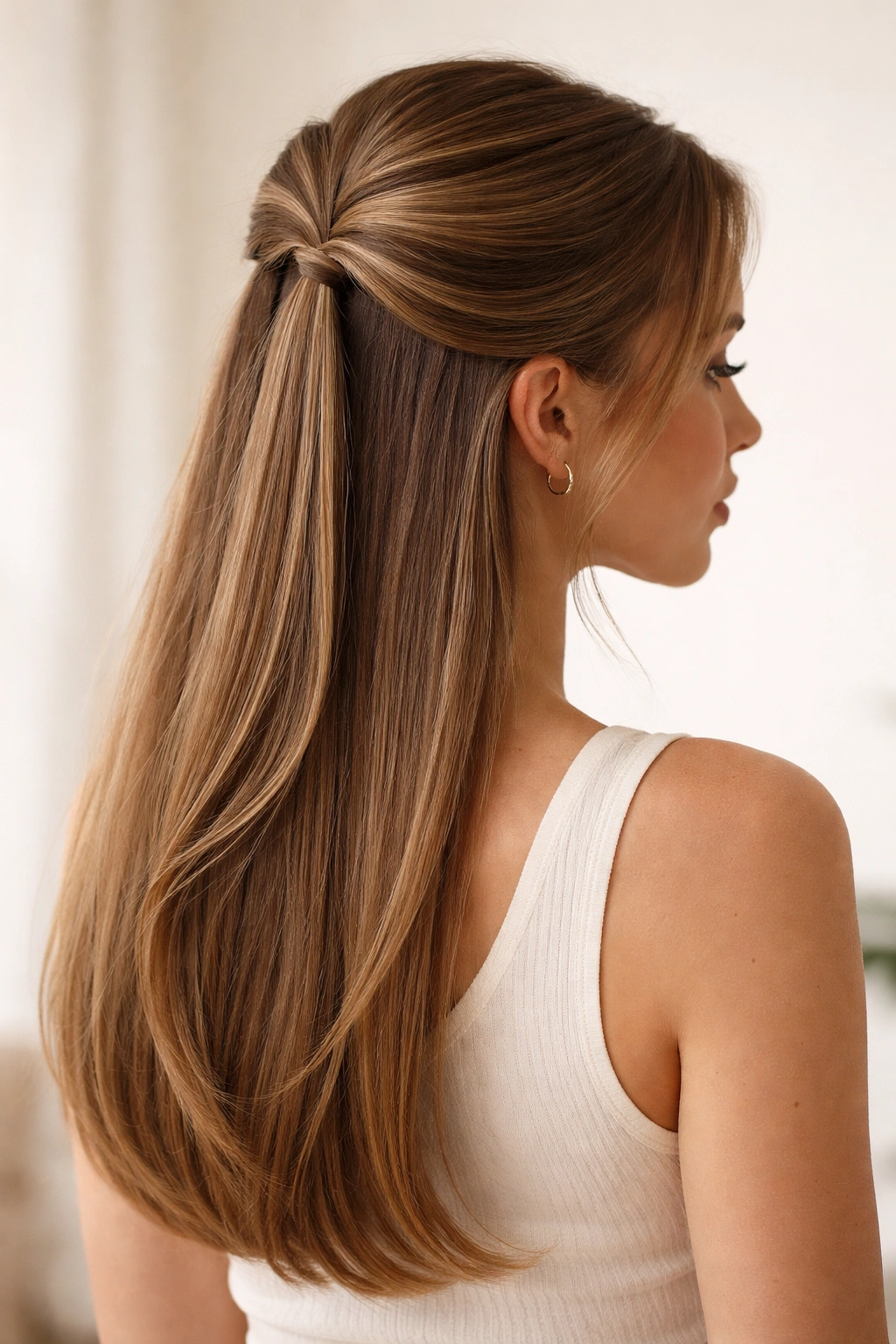 Two crown loops created in straight hair for depth