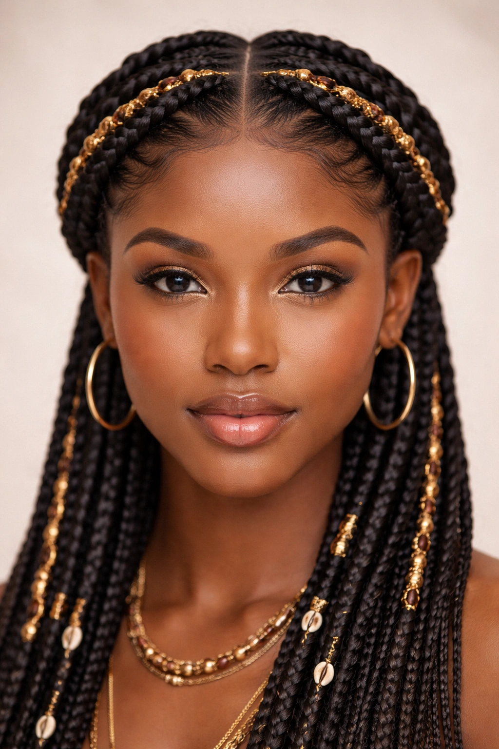 Double-crown Fulani braids with threading accents