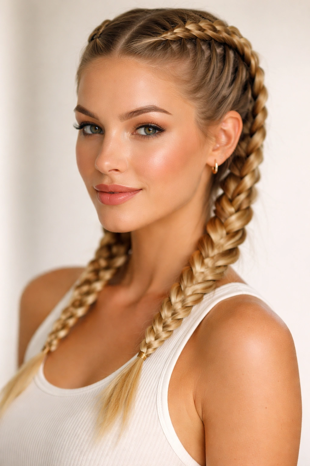 Two parallel Dutch braids along the head meeting at the nape