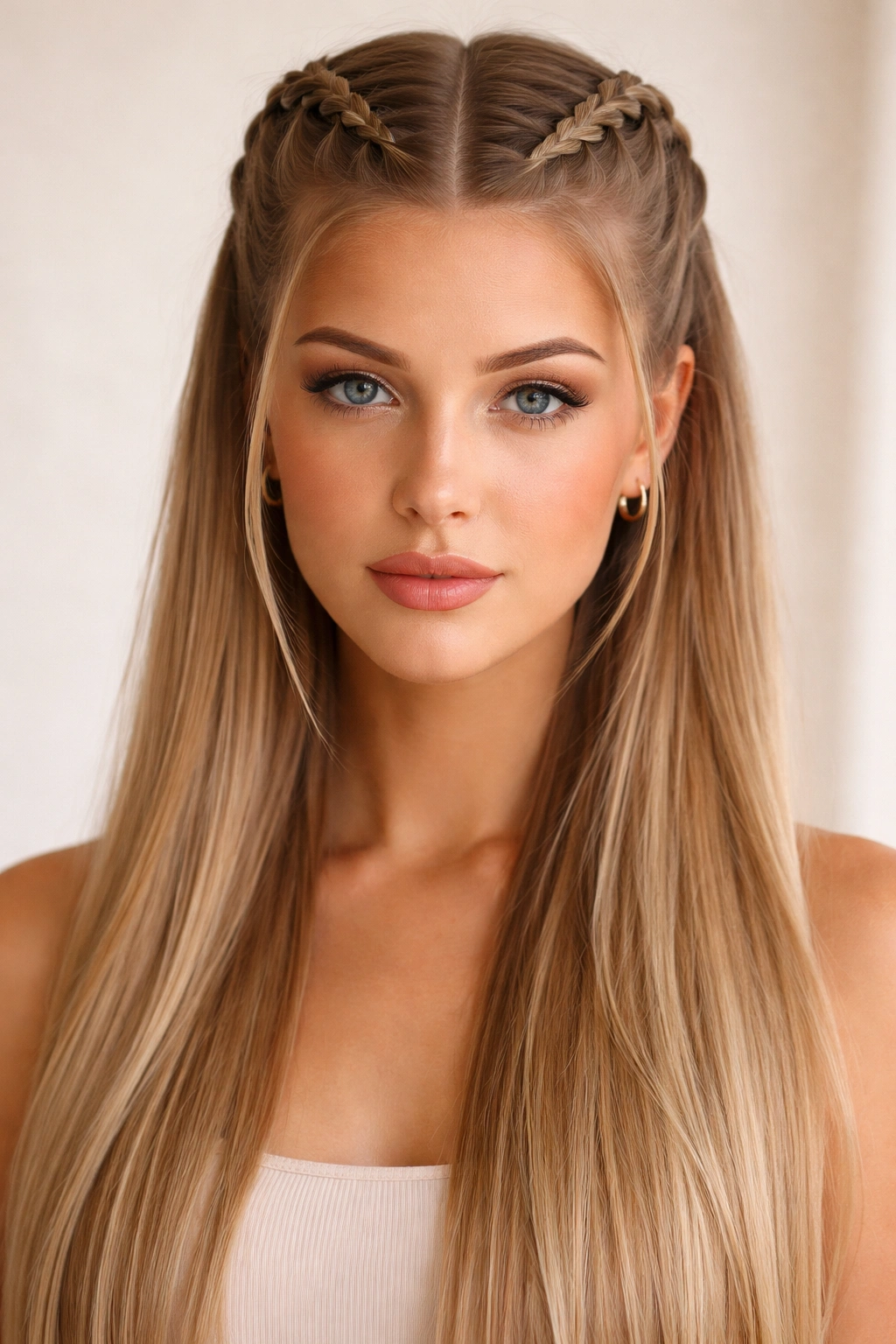 Two symmetrical Dutch braids starting at temples with center-parted straight hair