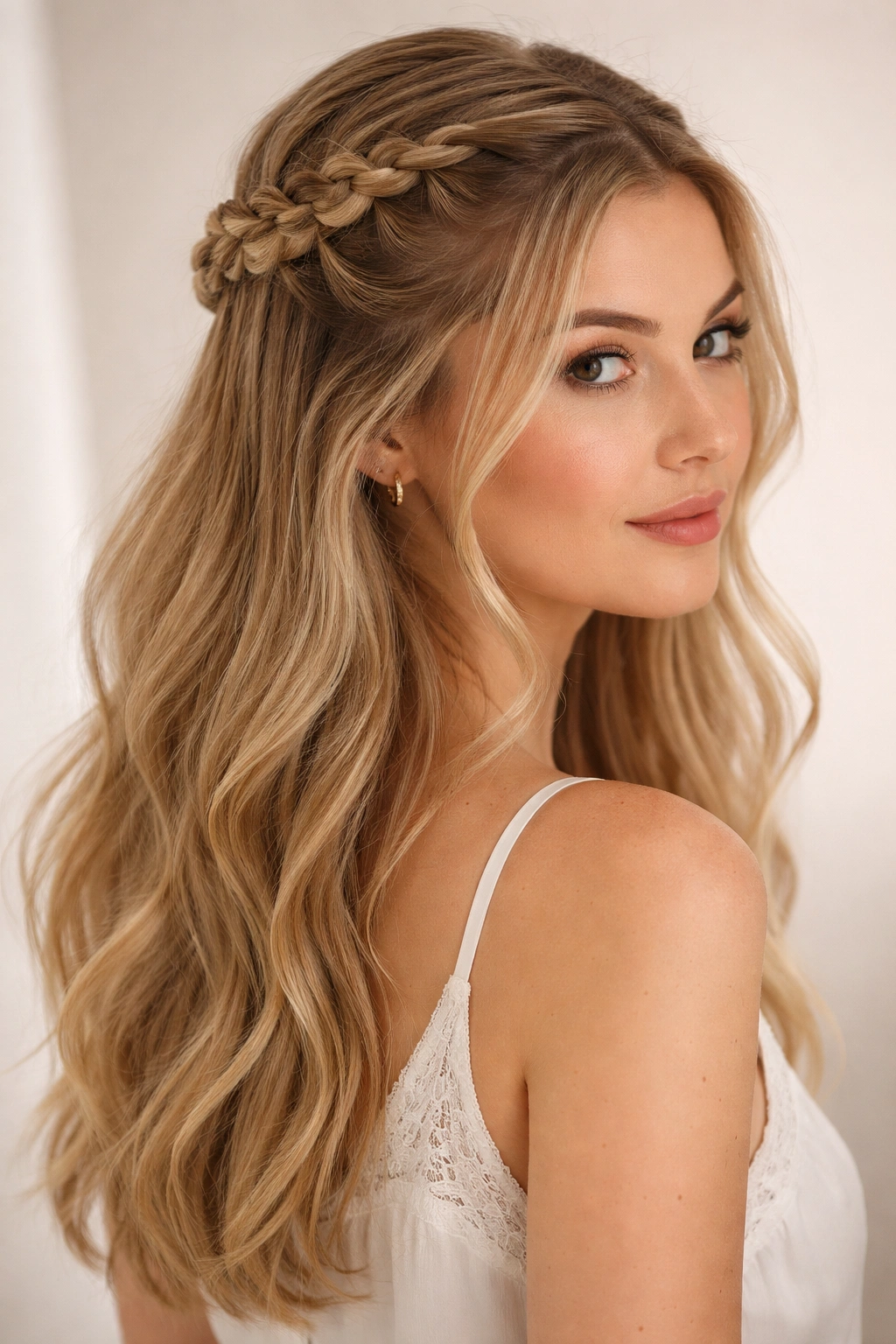 Double Dutch braid half up with two thin Dutch braids meeting at back