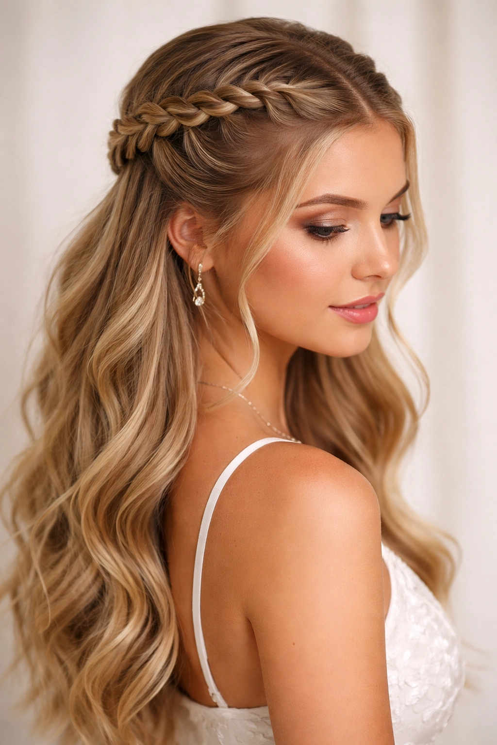 Symmetrical double Dutch braids half up meeting at the crown