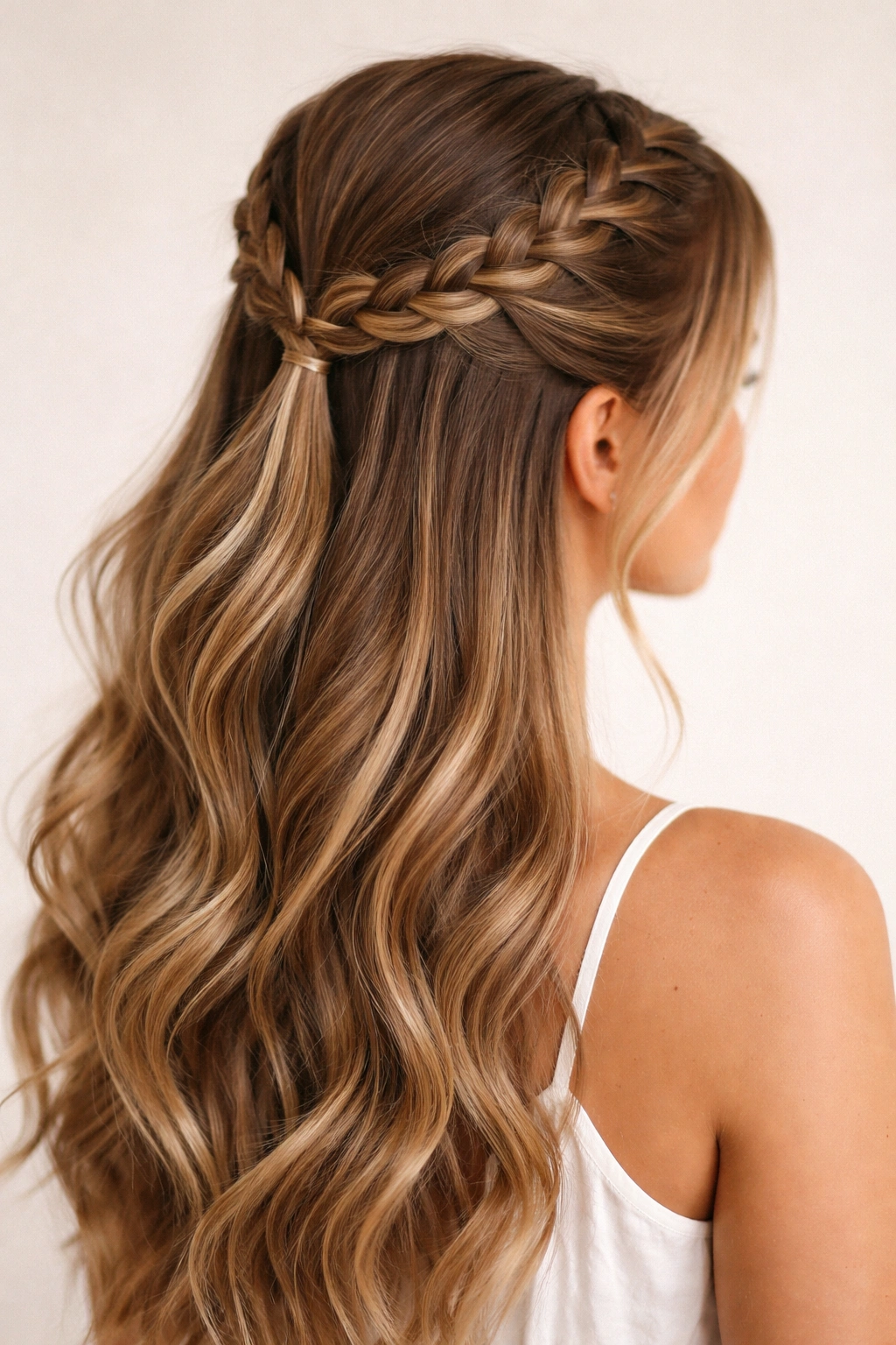 Two parallel Dutch braids along the top of the head in a long hairstyle