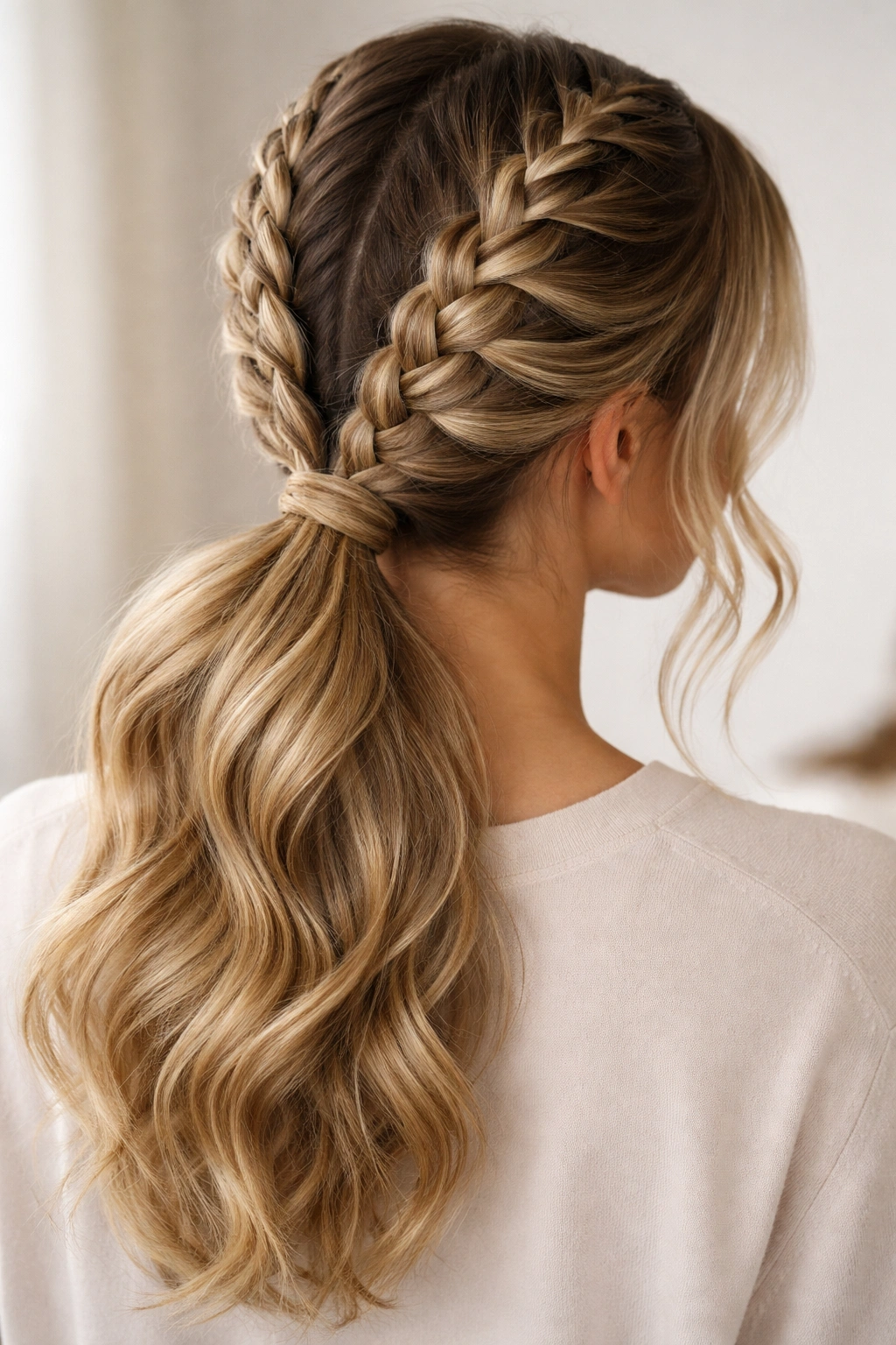 Two Dutch braids on sides merged into a low ponytail at the nape