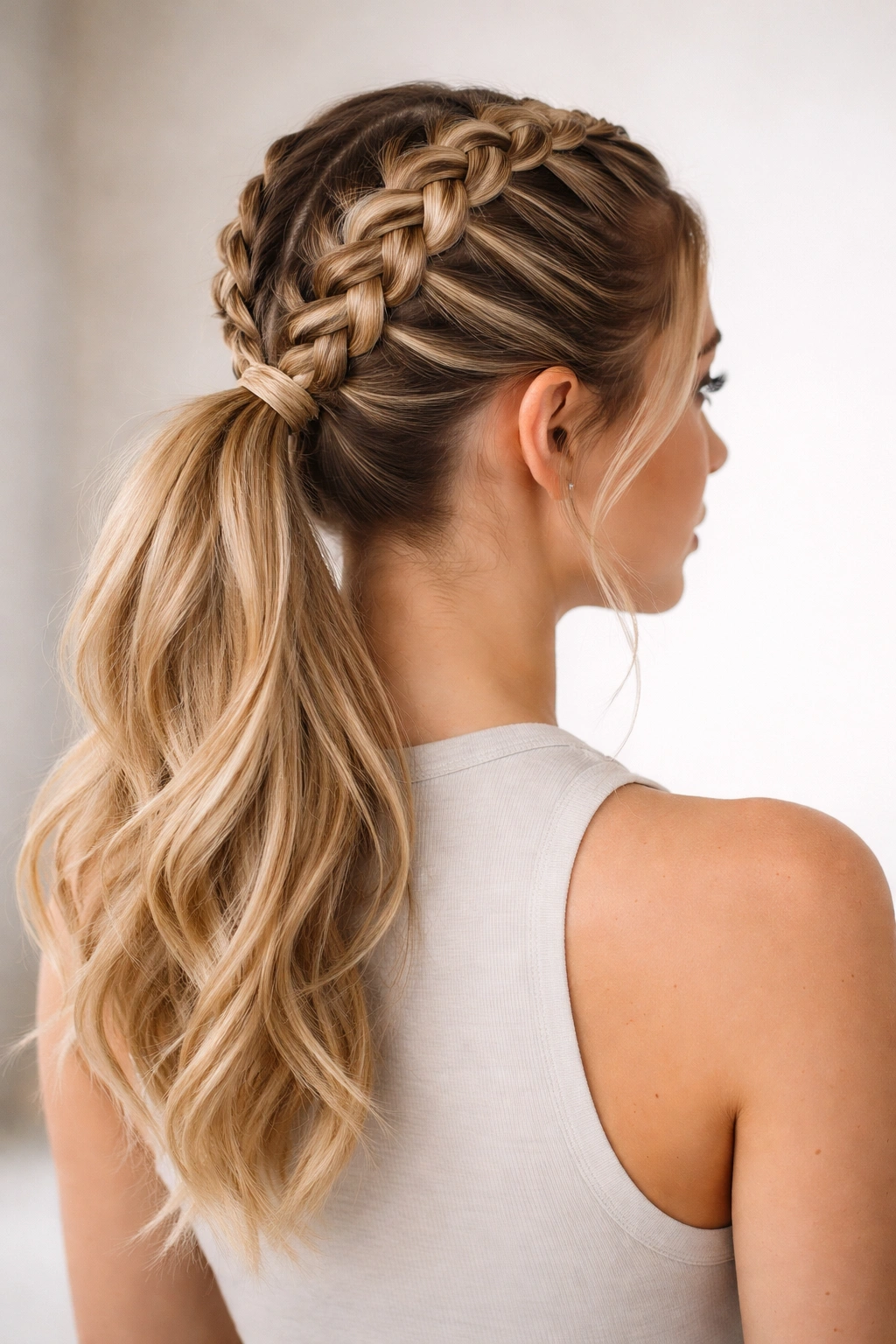 Two Dutch braids forming a symmetrical double braid into a ponytail