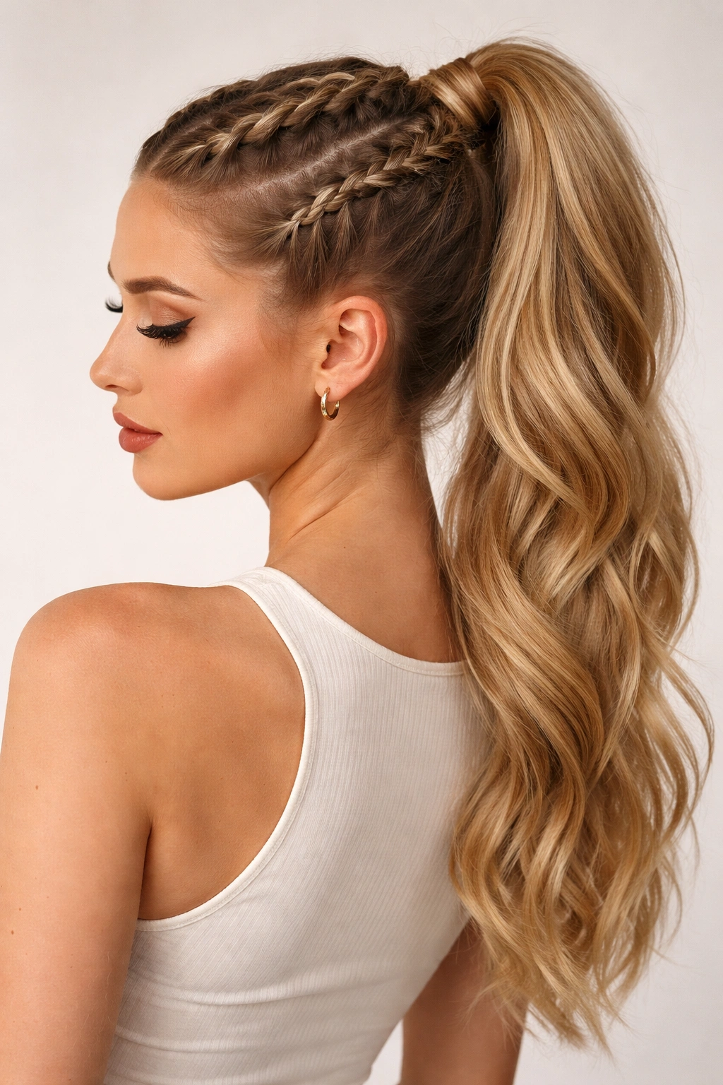 Close-up of two Dutch braids forming a raised ponytail on top of the head