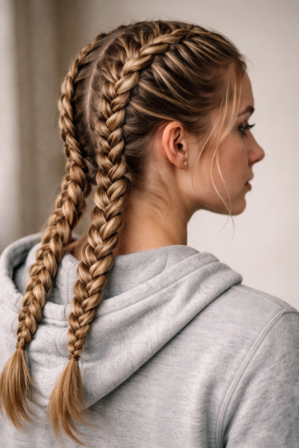 Two parallel Dutch braids running down the back of the head