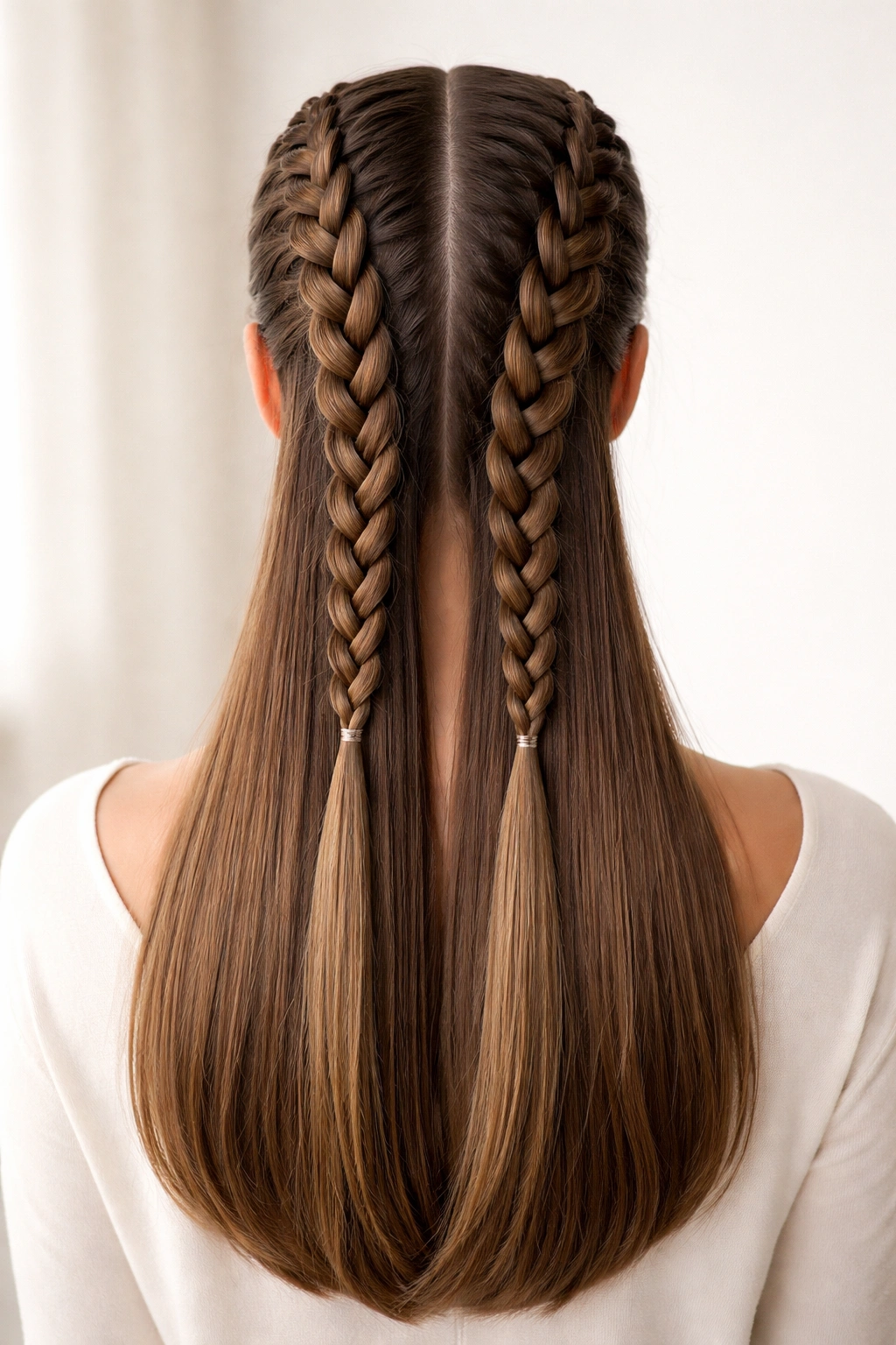 Back view of Double Dutch Braids Down the Back showing two parallel braids over straight hair