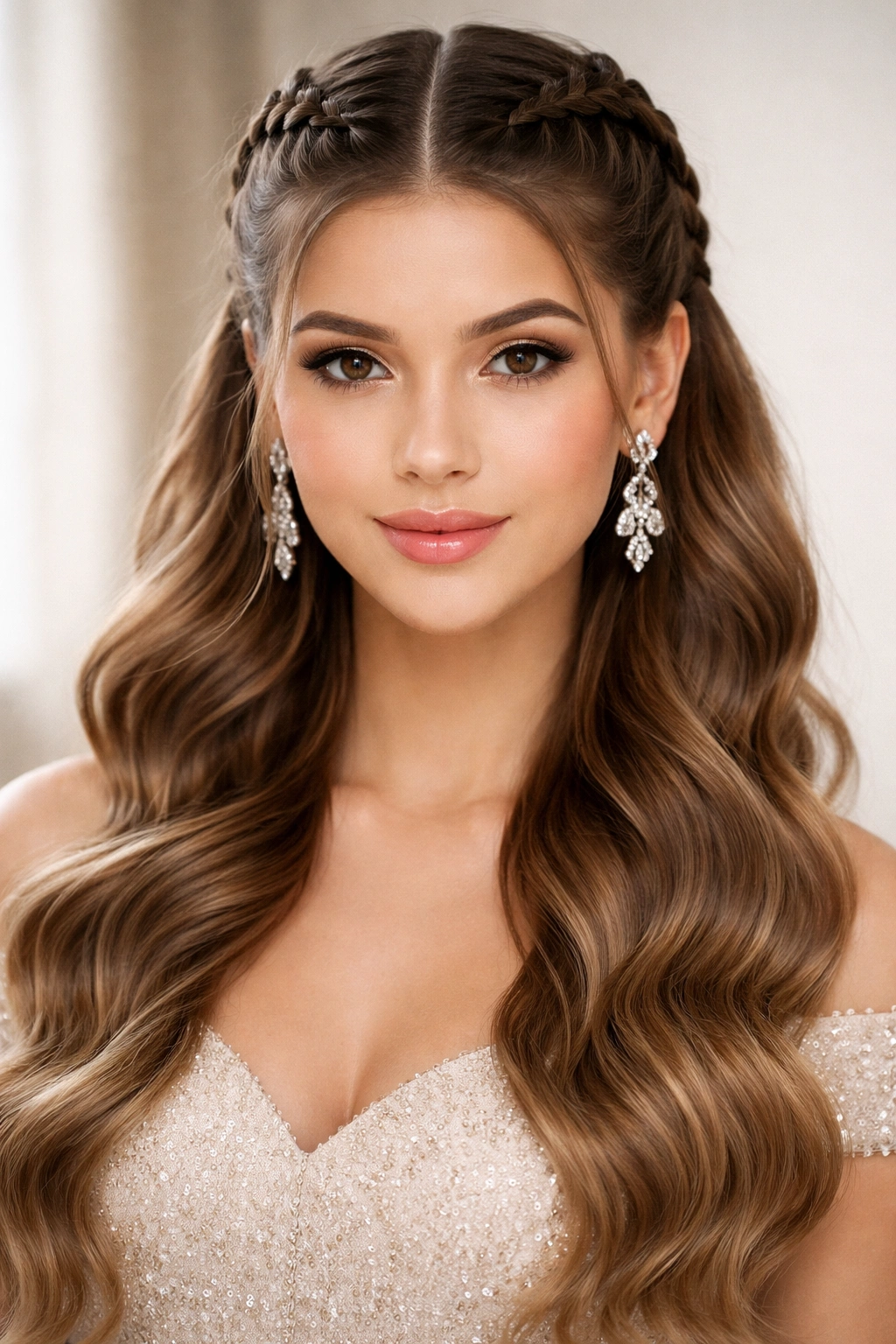 Two symmetrical Dutch braids with center part and flowing waves