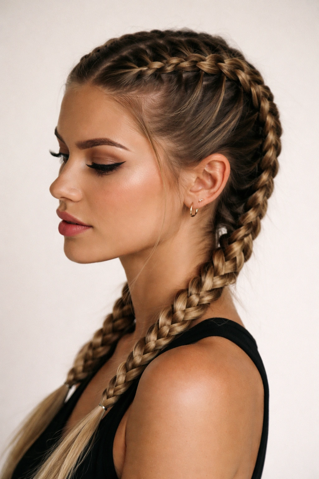 Close-up of two parallel Dutch braids along the head showing modern edge