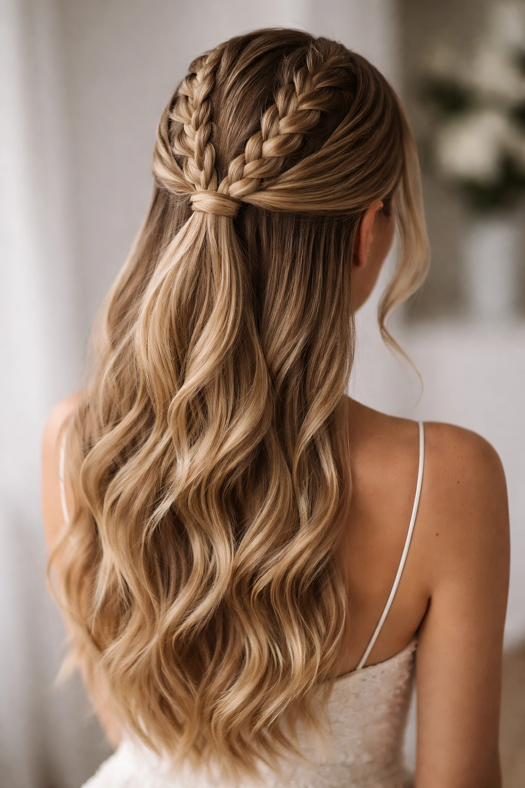 Two parallel Dutch braids down the back into a half-up ponytail