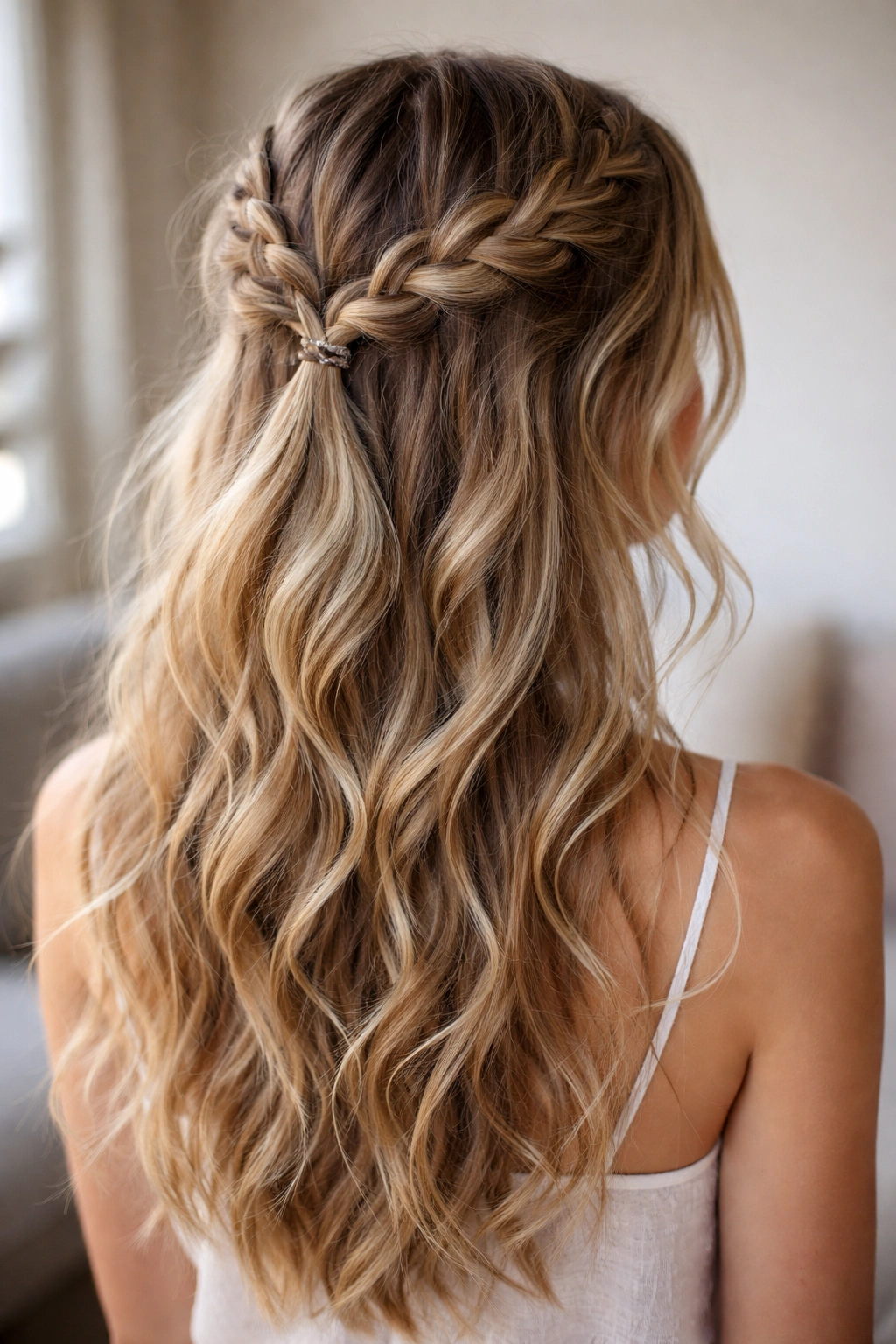 Close-up of two loose double Dutch braids with soft waves at the ends