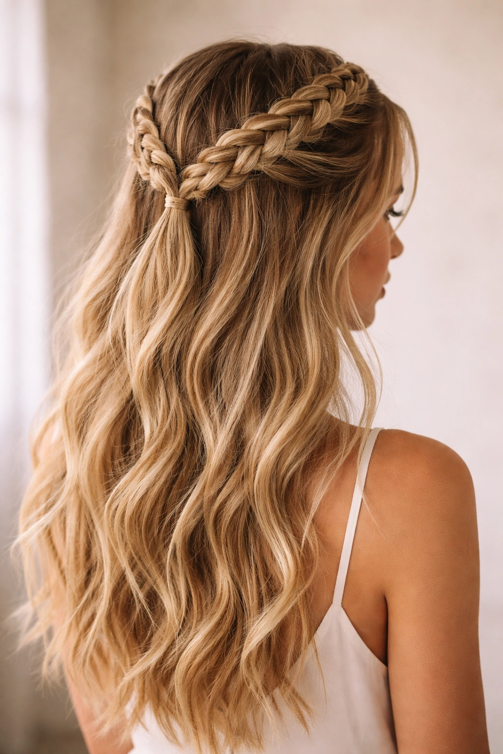 Two Dutch braids starting at the temples and meeting in the back with a half-down frame