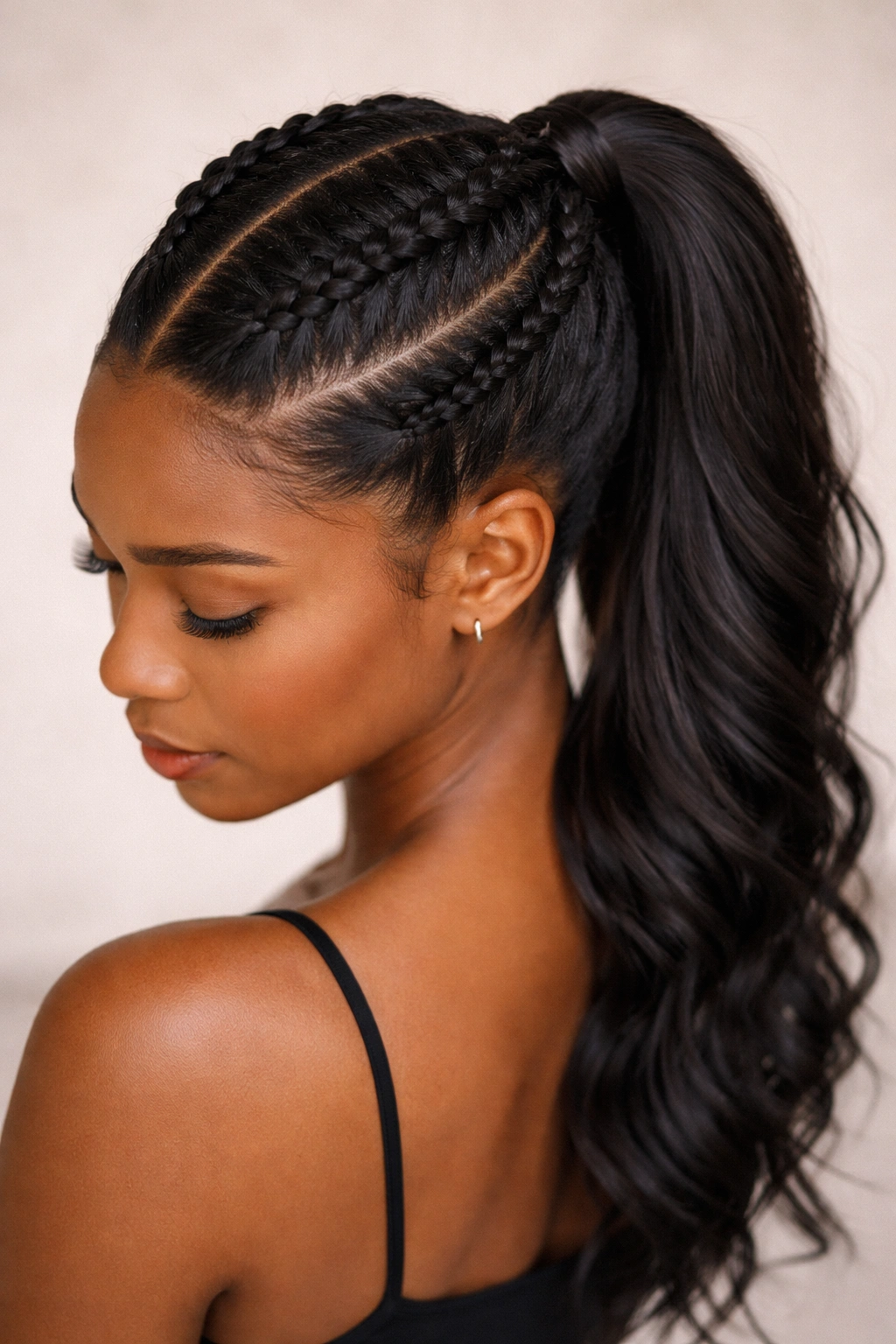 Head with two raised inverted Dutch braids leading to a ponytail
