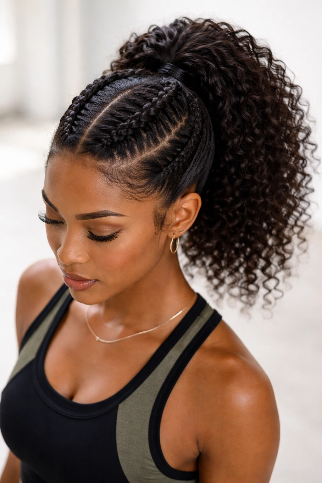 Double Dutch braids leading to a high ponytail