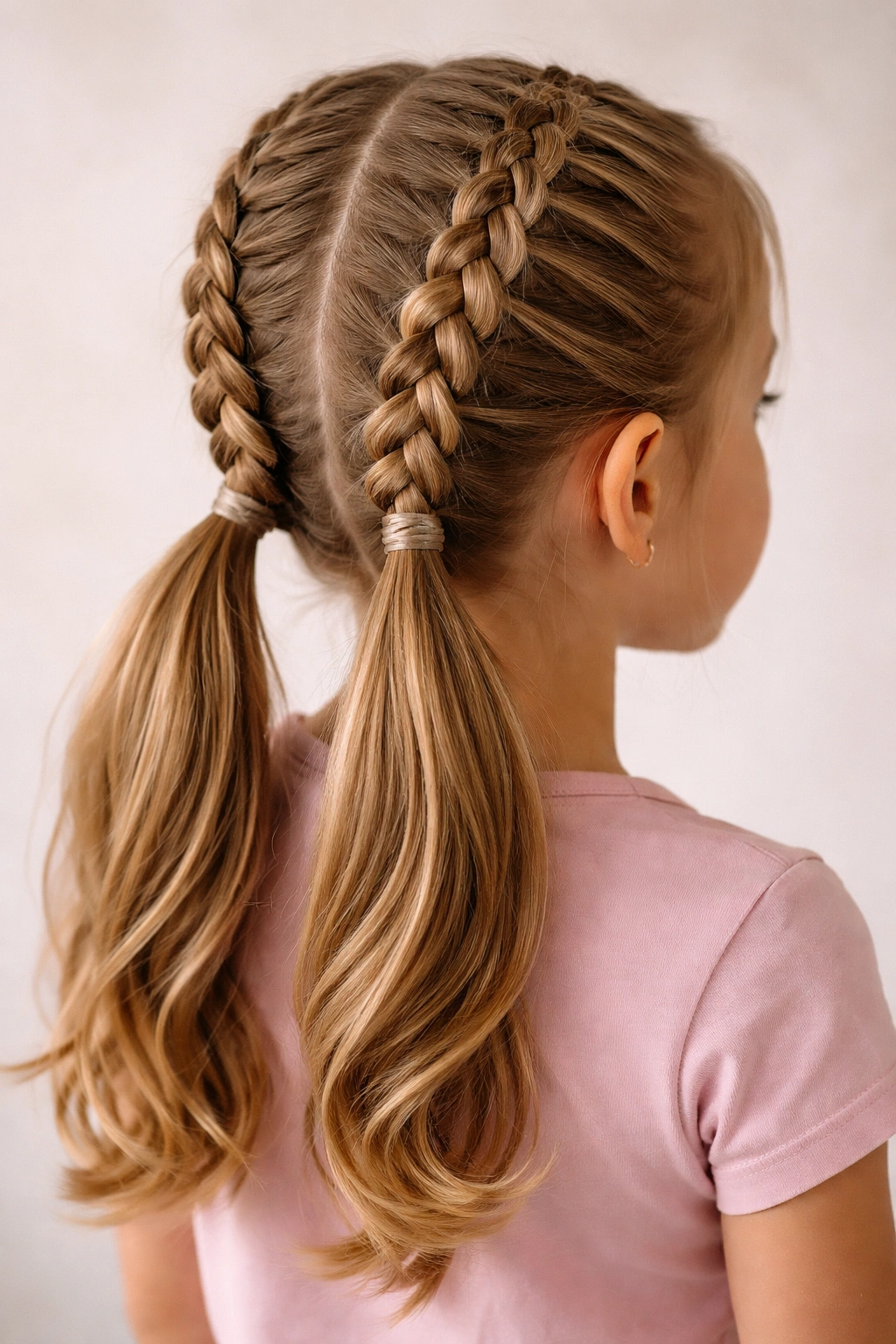 Close-up of double Dutch braided ponytails on a child's head with parallel braids and two ponytails