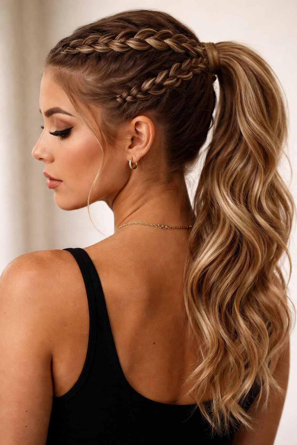 Two parallel Dutch braids along the sides meeting at the nape into a ponytail