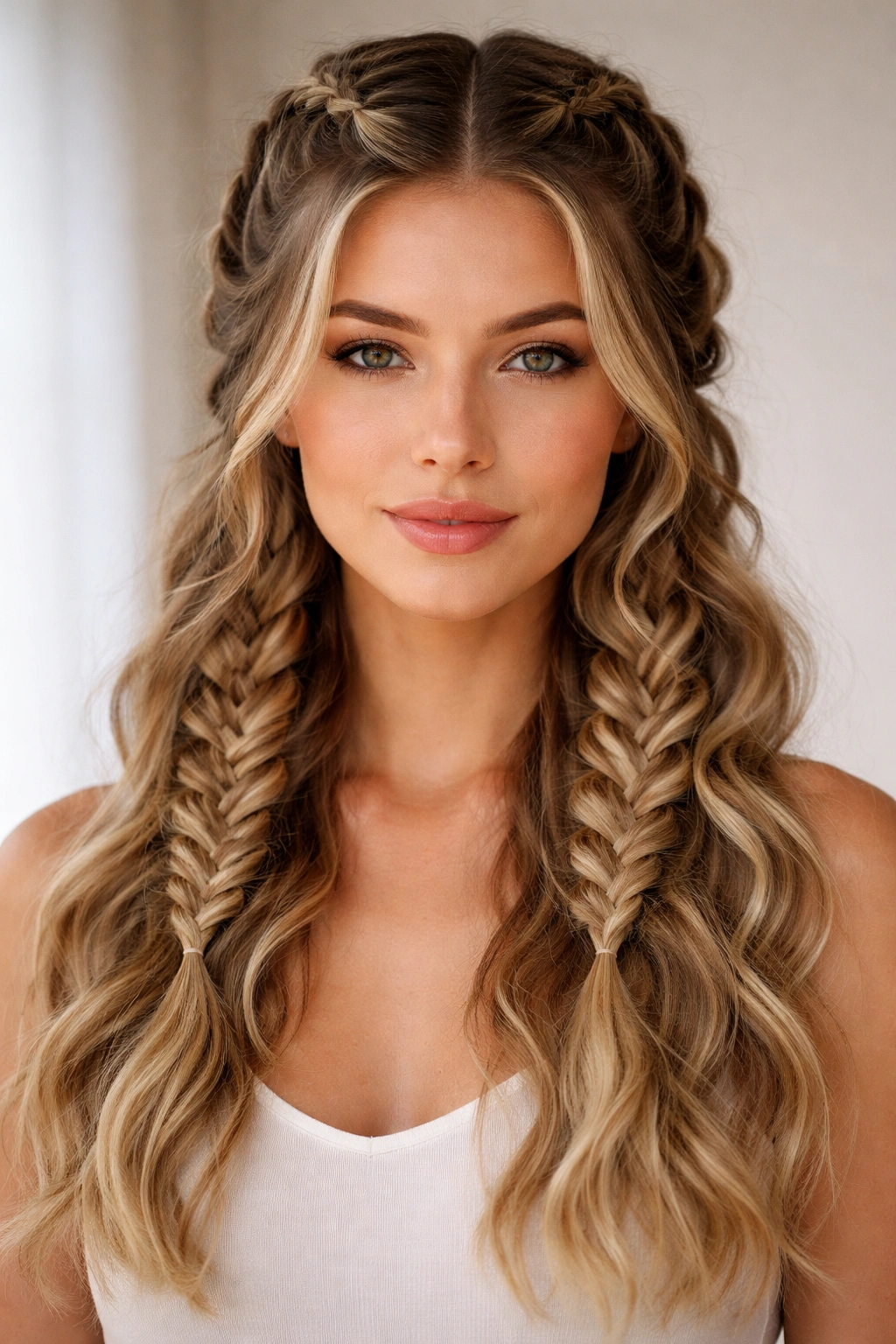 Front view of two symmetrical Dutch braids with wavy texture
