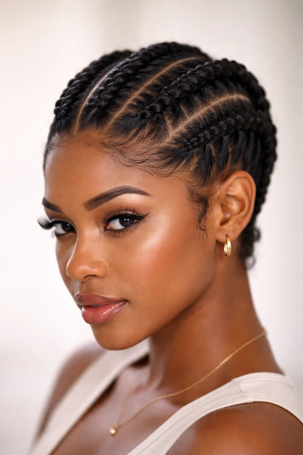 Double Dutch cornrows lifting off the scalp on short natural hair.