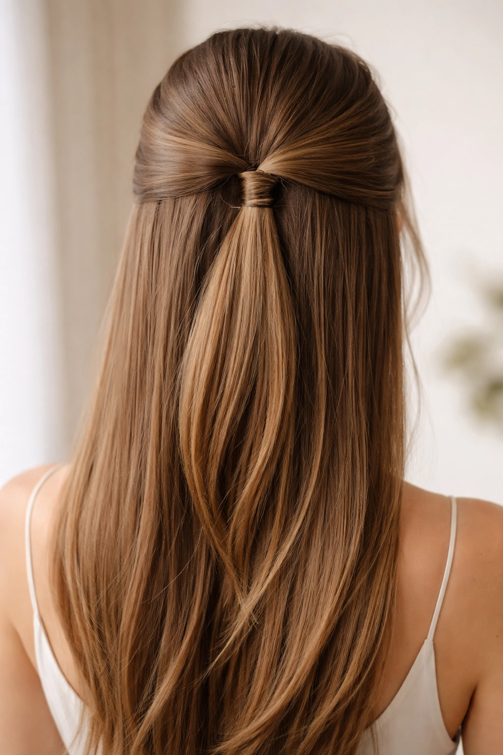 Close-up of The Double-Secured Half-Up with Hidden Elastics showing two elastics and hidden pins